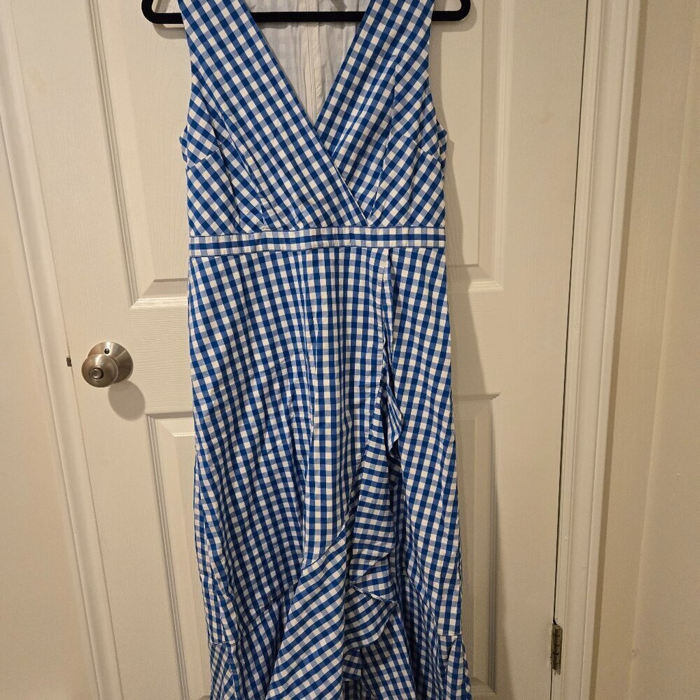 J Crew V-Neck Ruffle Wrap Maxi Dress Cotton Poplin Blue White Gingham 12